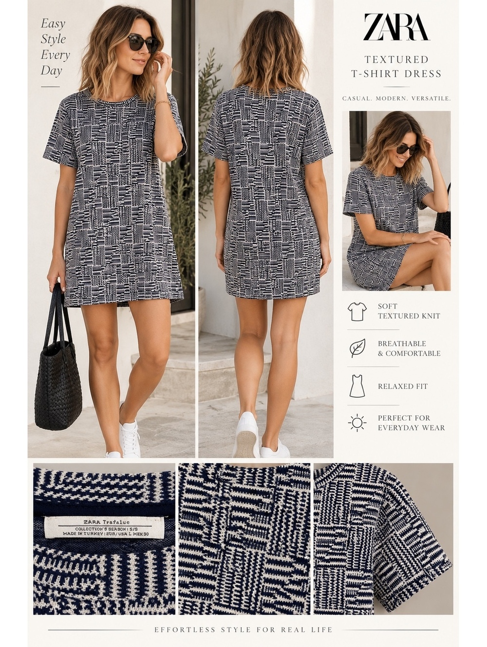 Zara Trafaluc Textured Knit T-Shirt Dress Navy and Cream Size Small